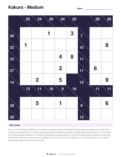 Printable kakuro grid with clue totals in the black squares and starter digits
