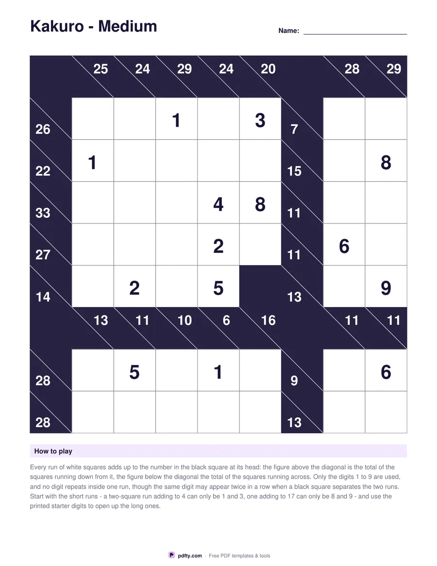 Printable kakuro grid with clue totals in the black squares and starter digits