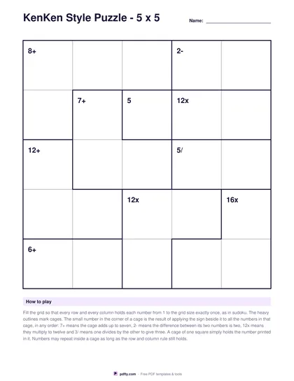 Printable KenKen style math puzzle with outlined cages and arithmetic targets