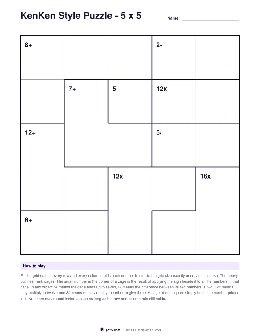 Printable KenKen style math puzzle with outlined cages and arithmetic targets