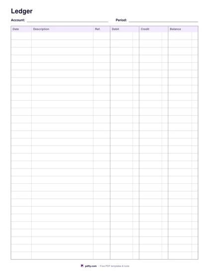Printable double-entry ledger paper with debit, credit and balance columns