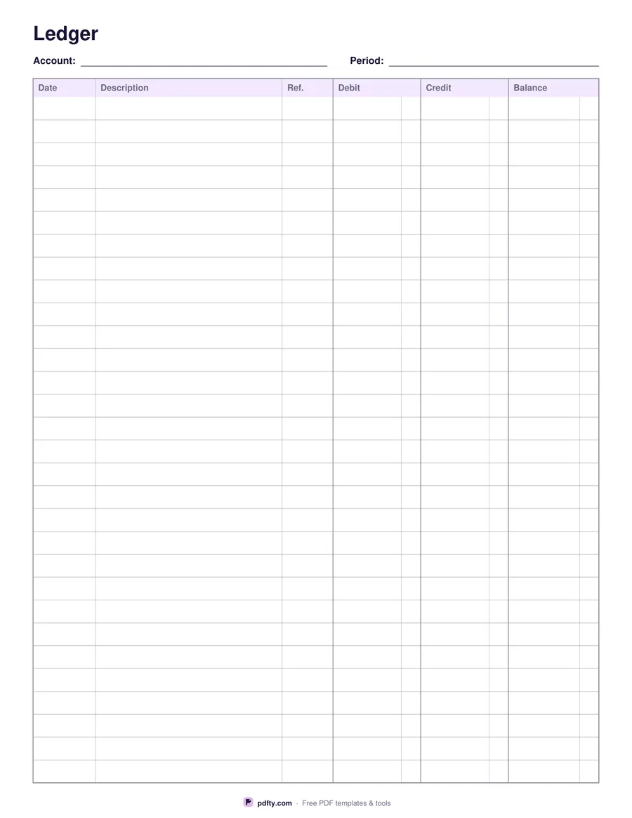 Printable double-entry ledger paper with debit, credit and balance columns