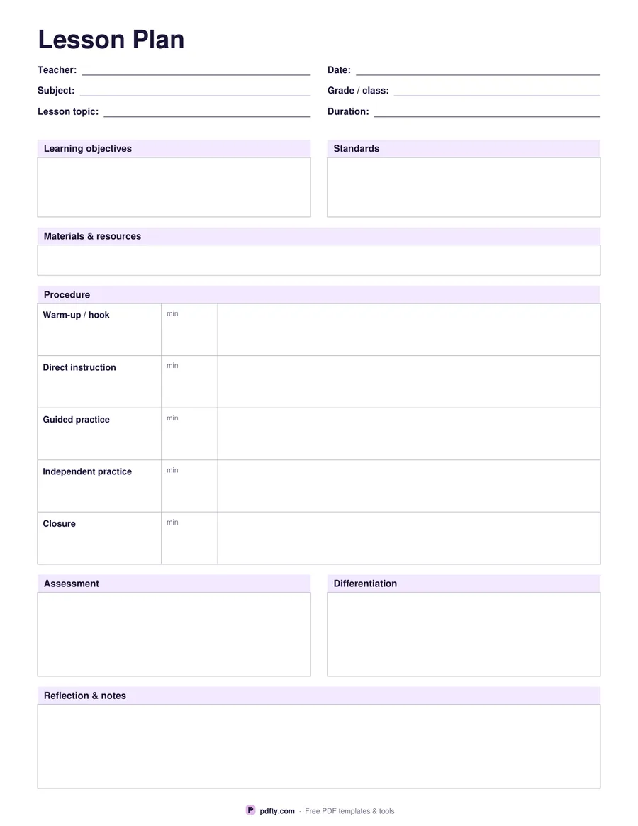 Printable daily lesson plan template