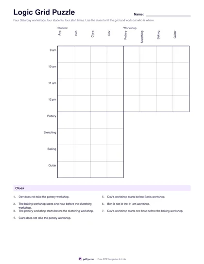 Printable logic grid puzzle with a stepped deduction grid and a clue list
