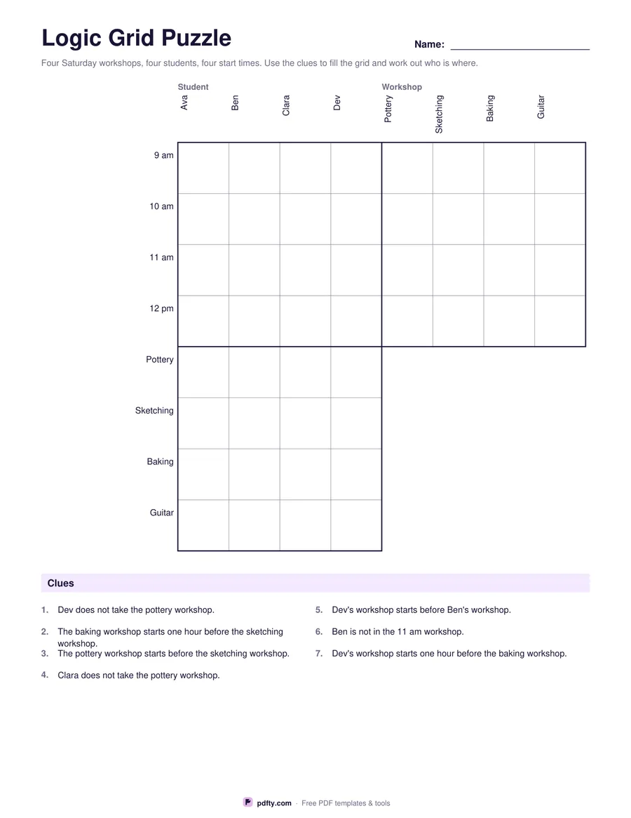 Printable logic grid puzzle with a stepped deduction grid and a clue list