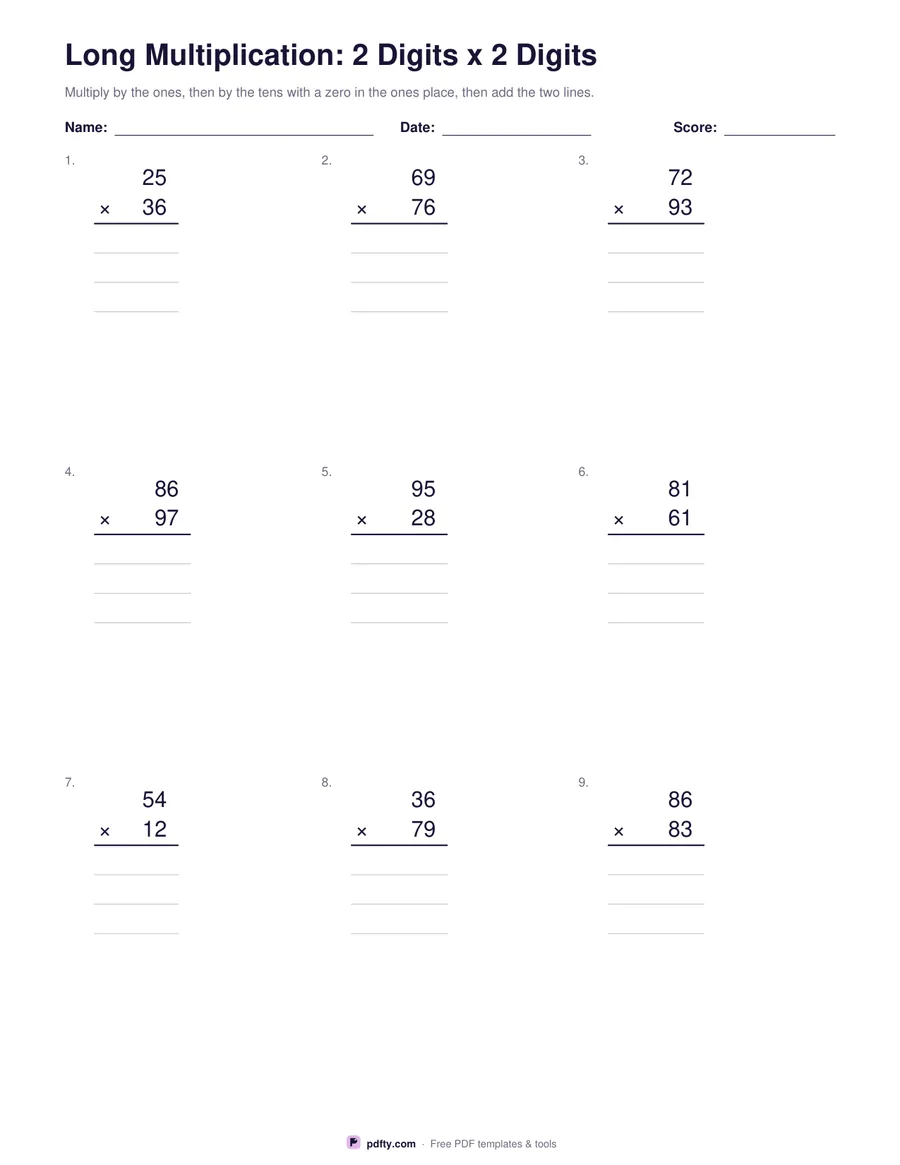 Printable long multiplication worksheet with nine problems and ruled working lines