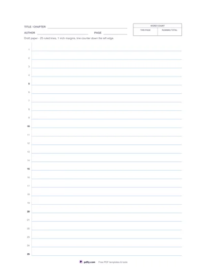Printable manuscript draft paper with numbered lines and a word count box