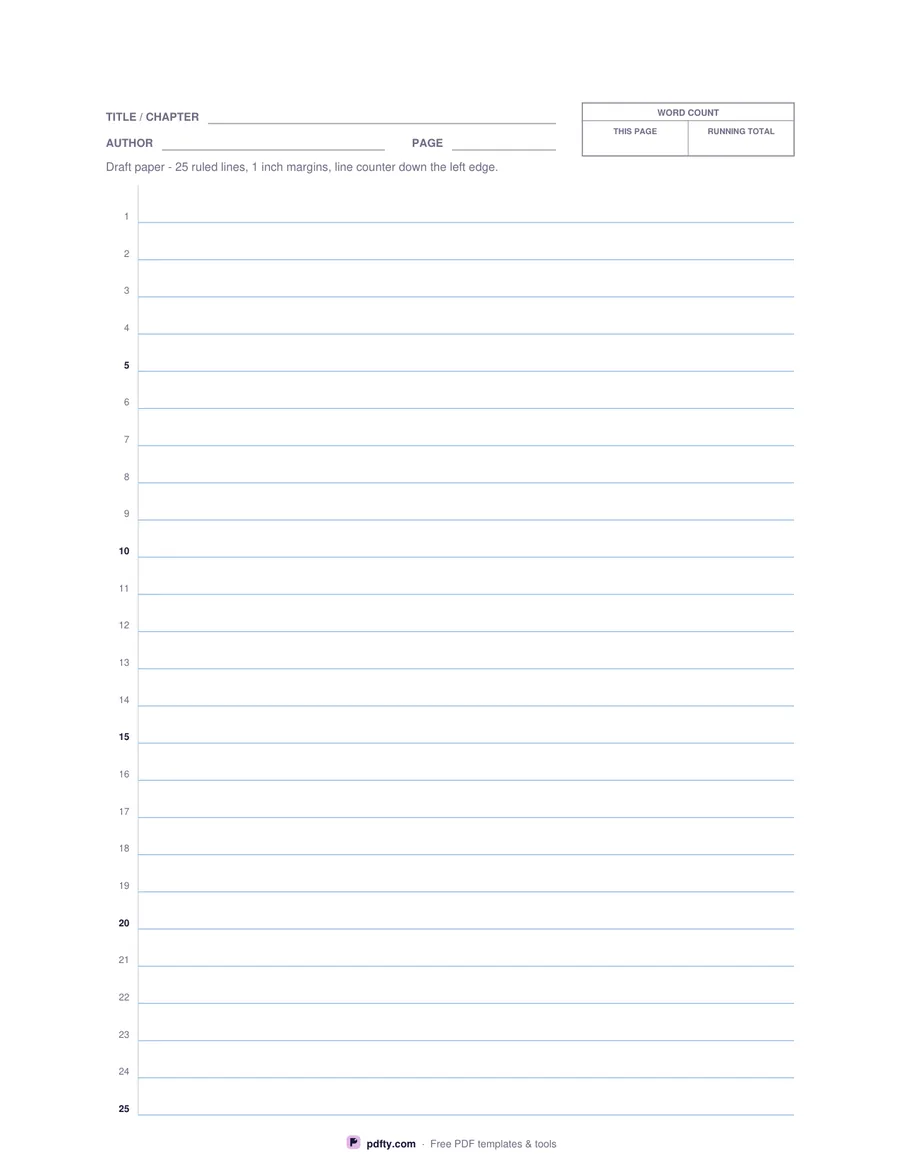 Printable manuscript draft paper with numbered lines and a word count box