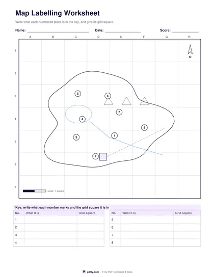 Printable map labelling worksheet with a numbered outline map and key table