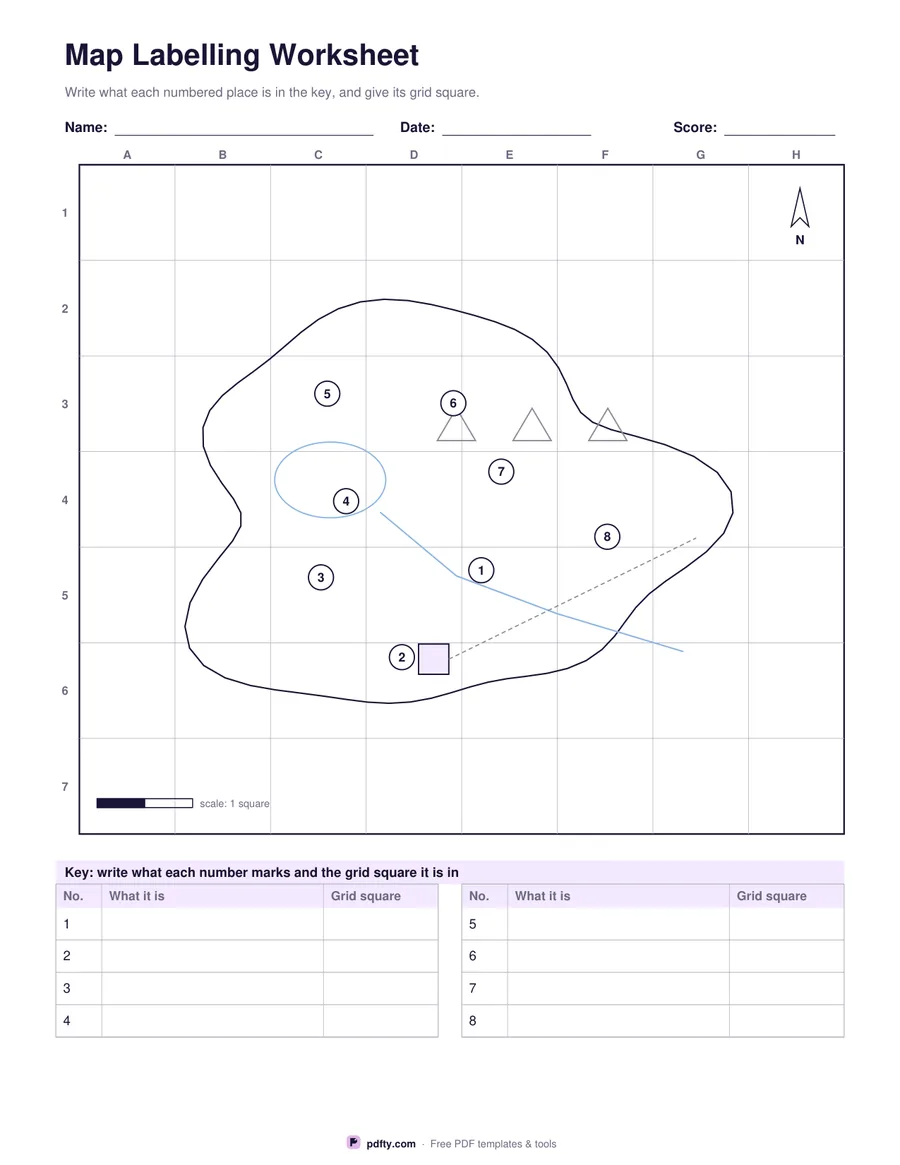Printable map labelling worksheet with a numbered outline map and key table