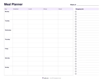 Printable weekly meal planner with breakfast, lunch, dinner, snack and a shopping list