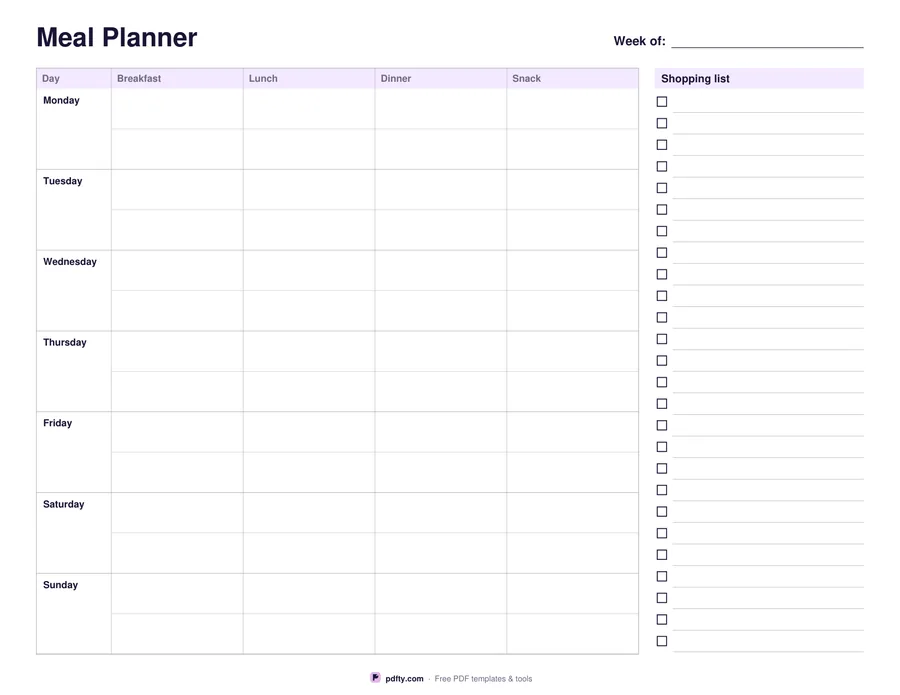 Printable weekly meal planner with breakfast, lunch, dinner, snack and a shopping list