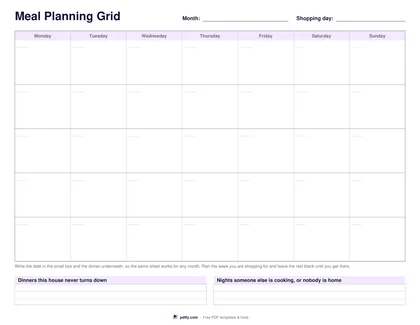 Printable monthly meal planning grid with a dinner box for every day