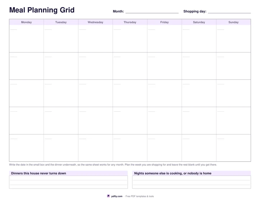 Printable monthly meal planning grid with a dinner box for every day
