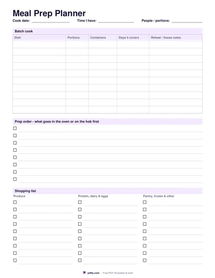 Printable meal prep planner with batch cook table, prep order checklist and shopping list