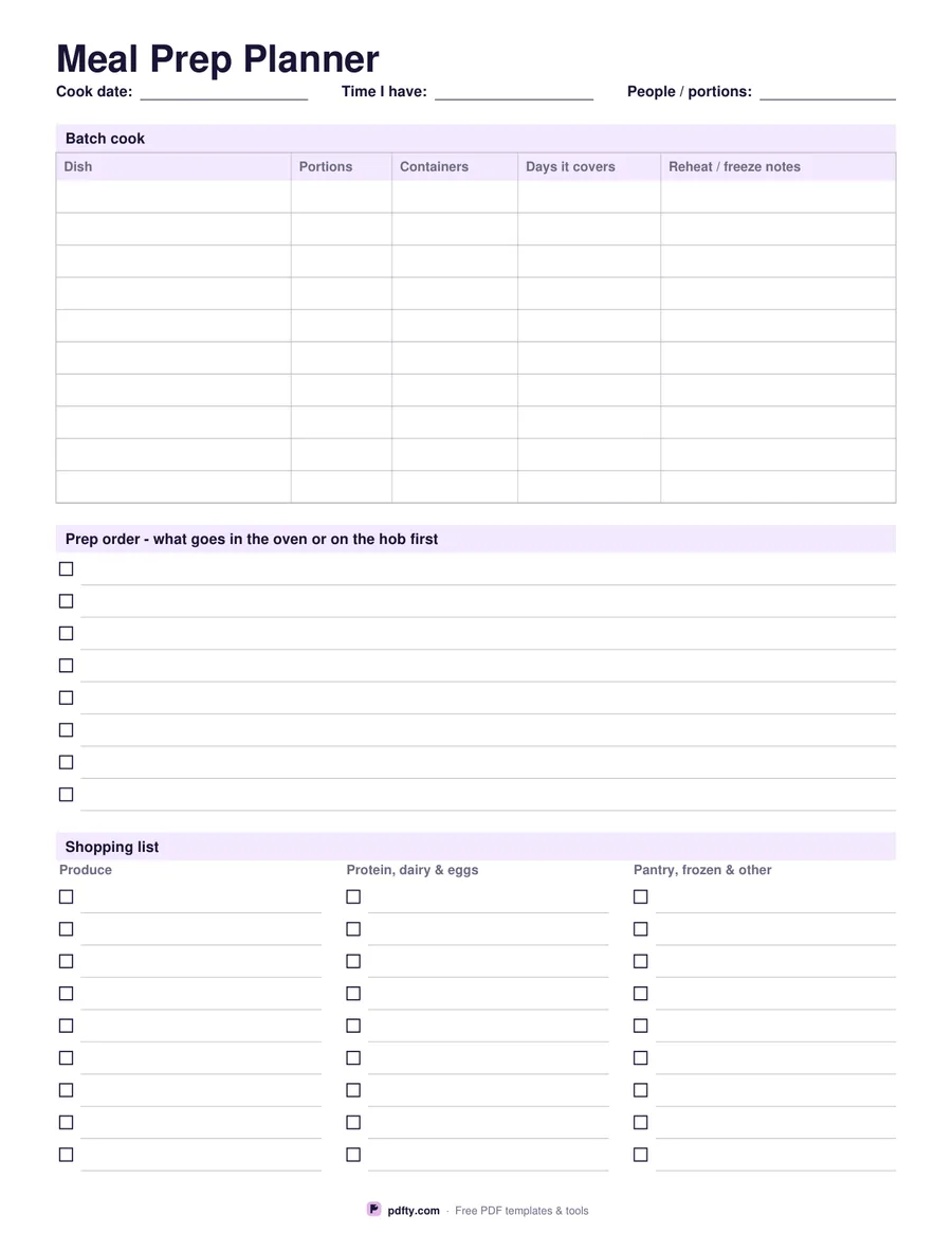 Printable meal prep planner with batch cook table, prep order checklist and shopping list