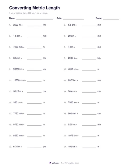 Printable metric conversion worksheet with twenty-four questions