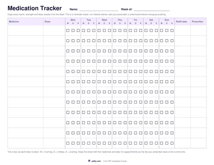 Printable weekly medication tracker with a tick box for each dose on each day