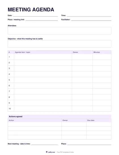 Free printable meeting agenda with numbered items, owners and minutes