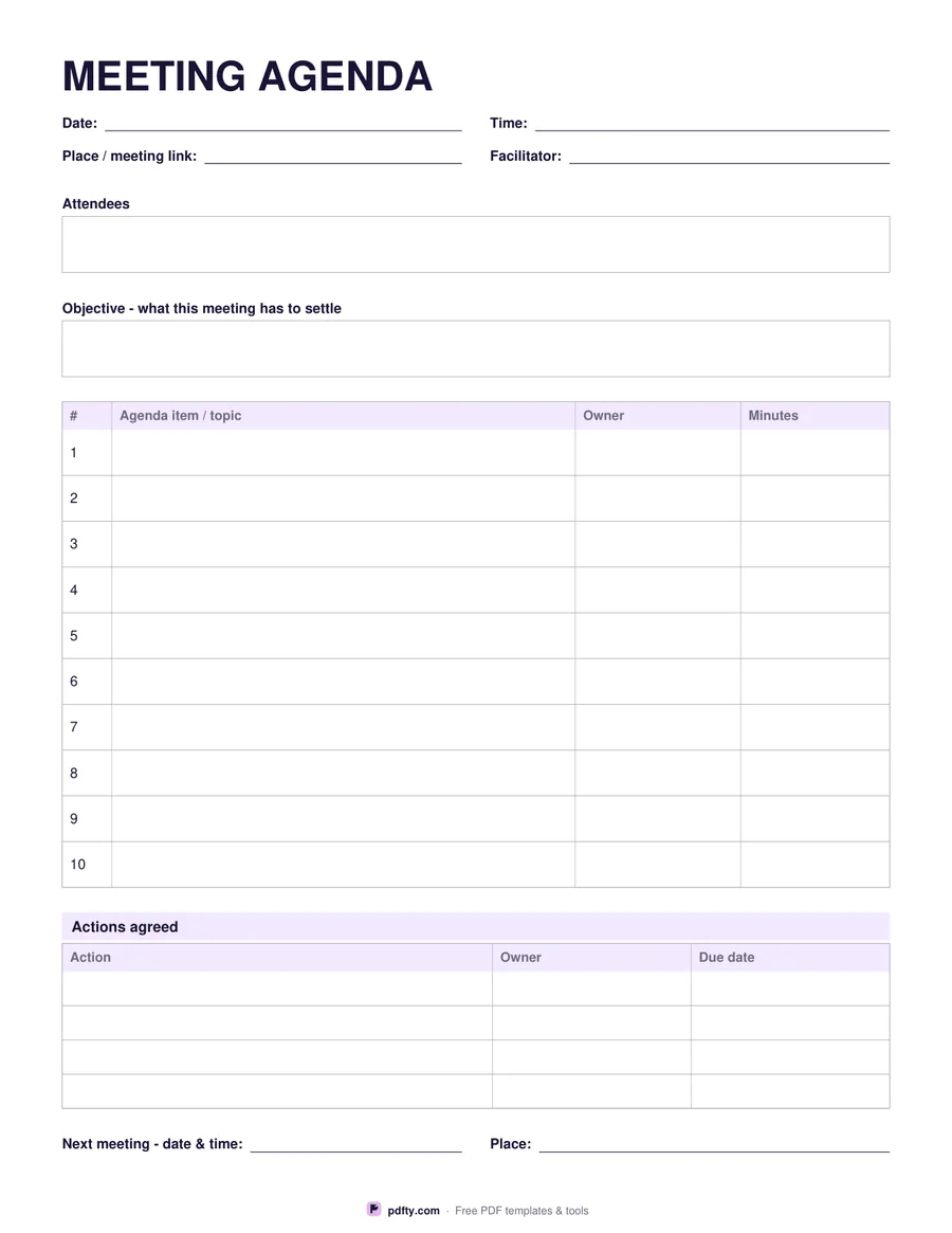 Free printable meeting agenda with numbered items, owners and minutes