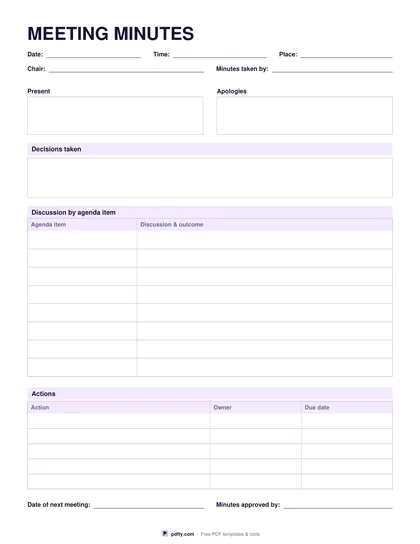 Free printable meeting minutes with decisions, discussion and actions
