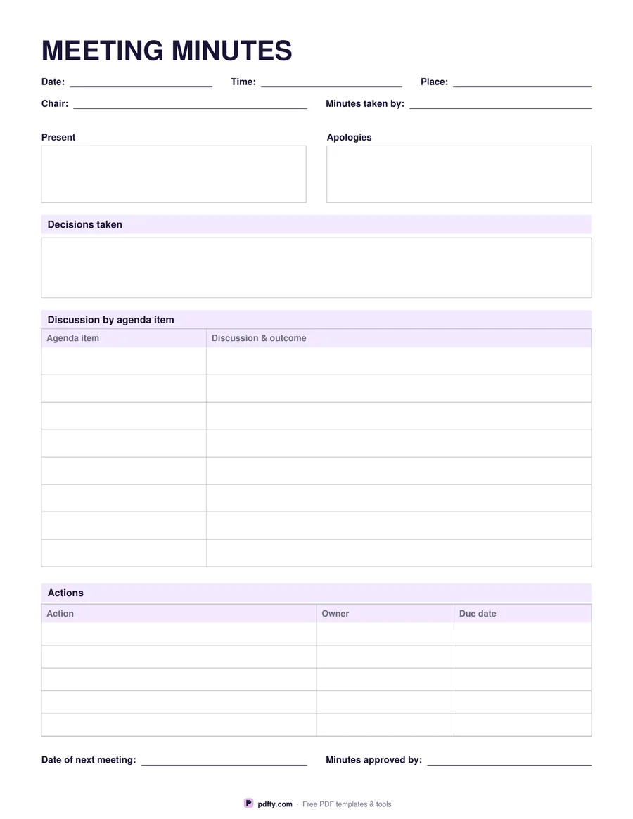 Free printable meeting minutes with decisions, discussion and actions