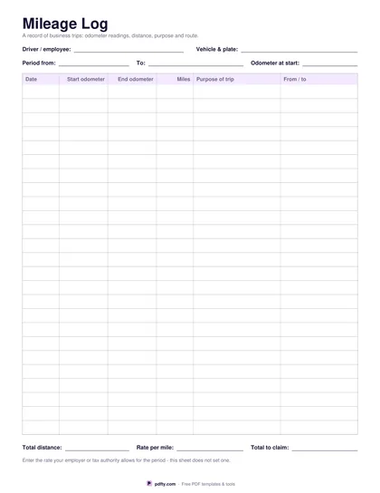 Printable mileage log with 25 rows for date, odometer readings, distance, purpose and destination