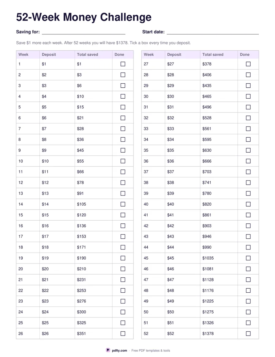 52-week money saving challenge printable