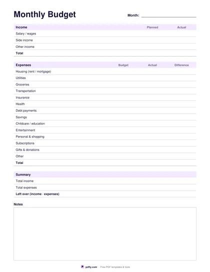Fillable monthly budget worksheet PDF