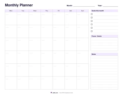Printable undated monthly planner grid with goals, focus and notes panels