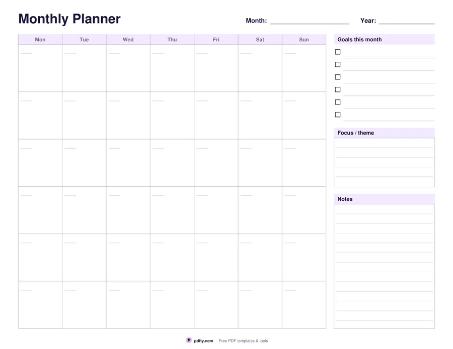 Printable undated monthly planner grid with goals, focus and notes panels