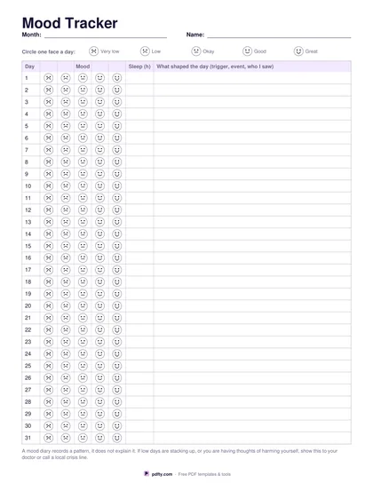 Printable monthly mood tracker with five faces to circle for each day