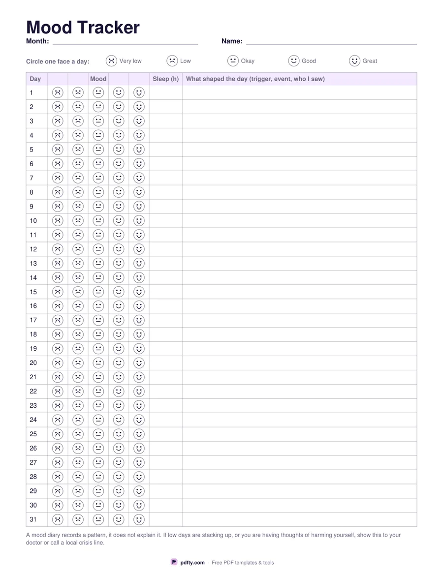 Printable monthly mood tracker with five faces to circle for each day