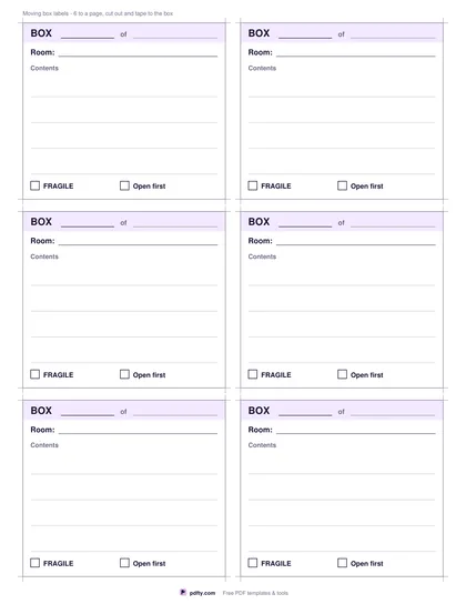Printable moving box labels with room, contents and a fragile tick