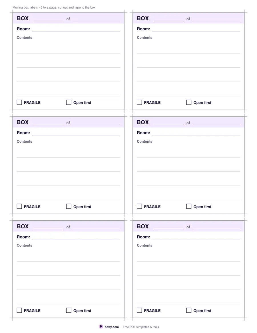 Printable moving box labels with room, contents and a fragile tick