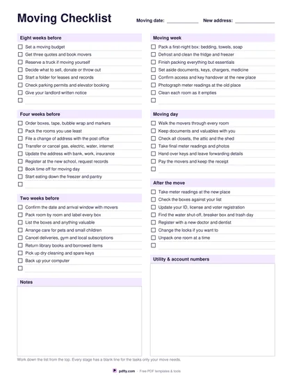 Printable moving checklist with six stages from eight weeks before to after the move