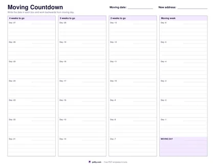 Printable moving countdown planner with four week columns of day boxes ending at moving day