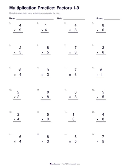 Printable multiplication worksheet with 24 stacked problems