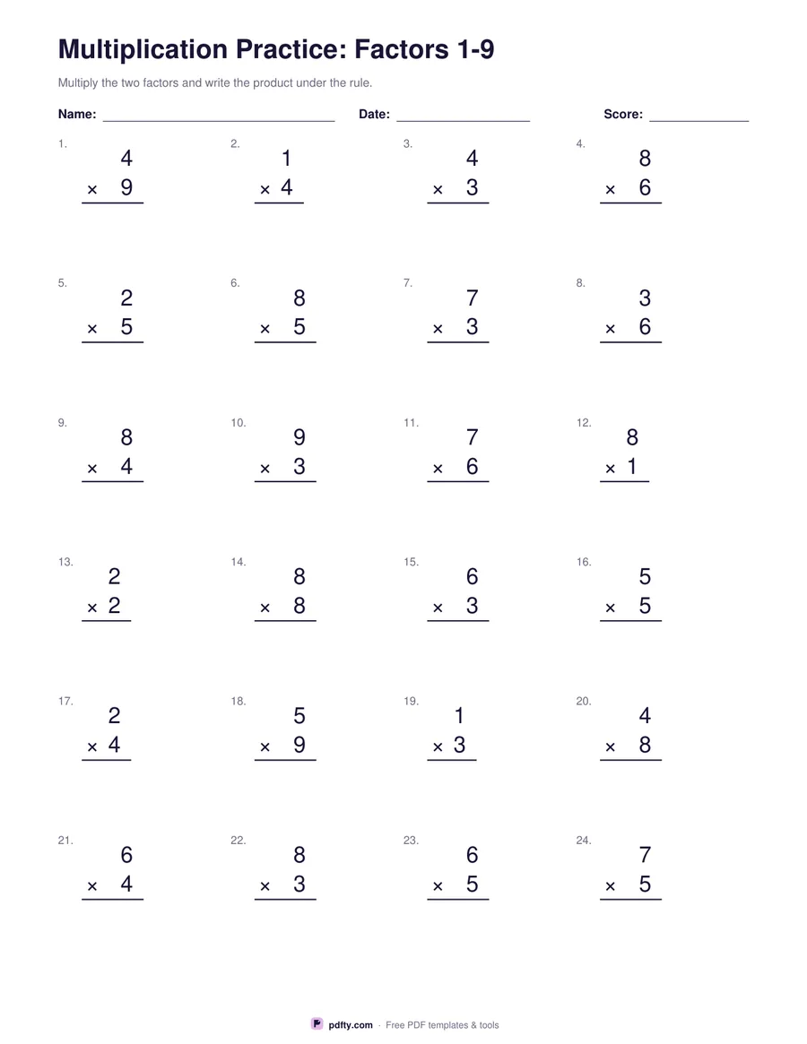 Printable multiplication worksheet with 24 stacked problems