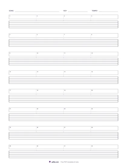 Printable music manuscript paper with a four-bar chord box above every stave