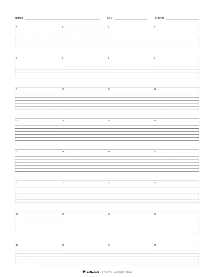 Printable music manuscript paper with a four-bar chord box above every stave
