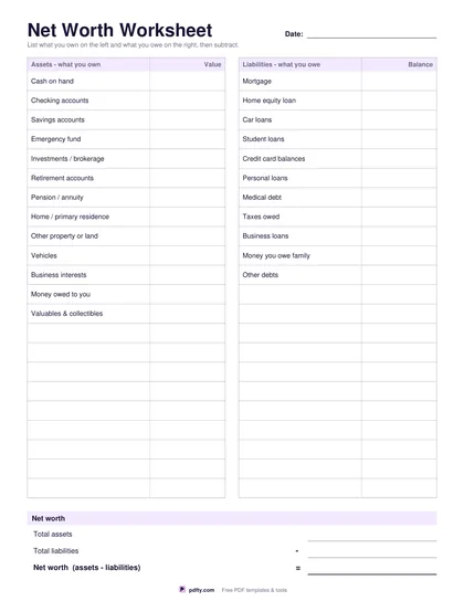 Printable net worth worksheet with assets on the left, liabilities on the right and a total row