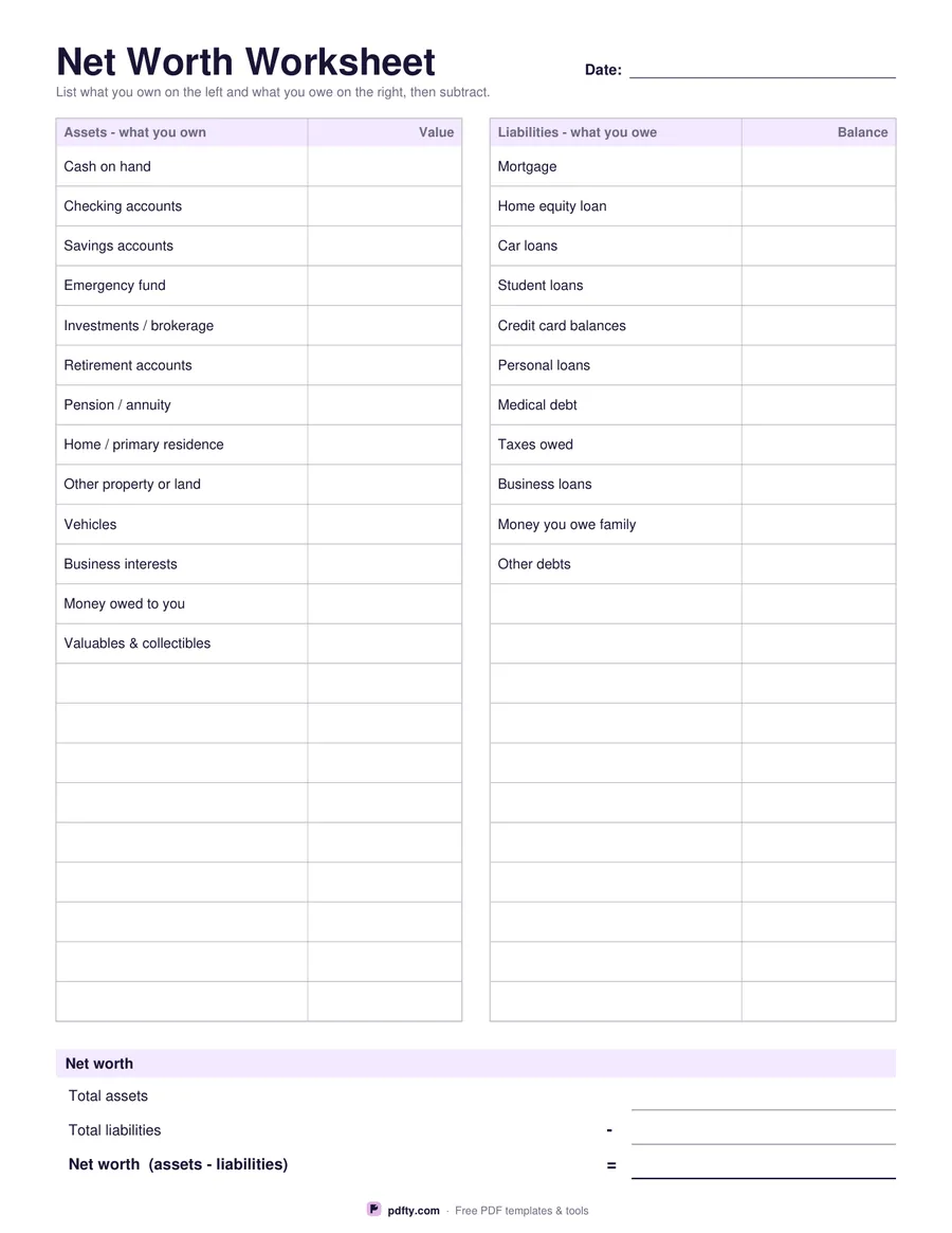 Printable net worth worksheet with assets on the left, liabilities on the right and a total row