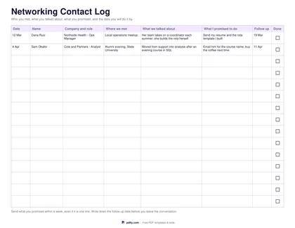 Printable networking contact log with fifteen rows and follow-up dates