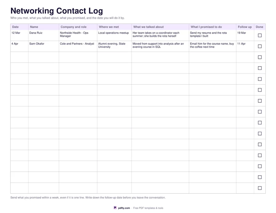 Printable networking contact log with fifteen rows and follow-up dates