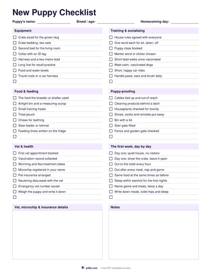 Printable new puppy checklist with equipment, food, vet, training, puppy-proofing and first week sections