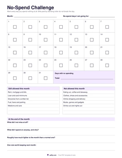 Printable no-spend challenge sheet with a 31-day grid, spending rules and reflection questions