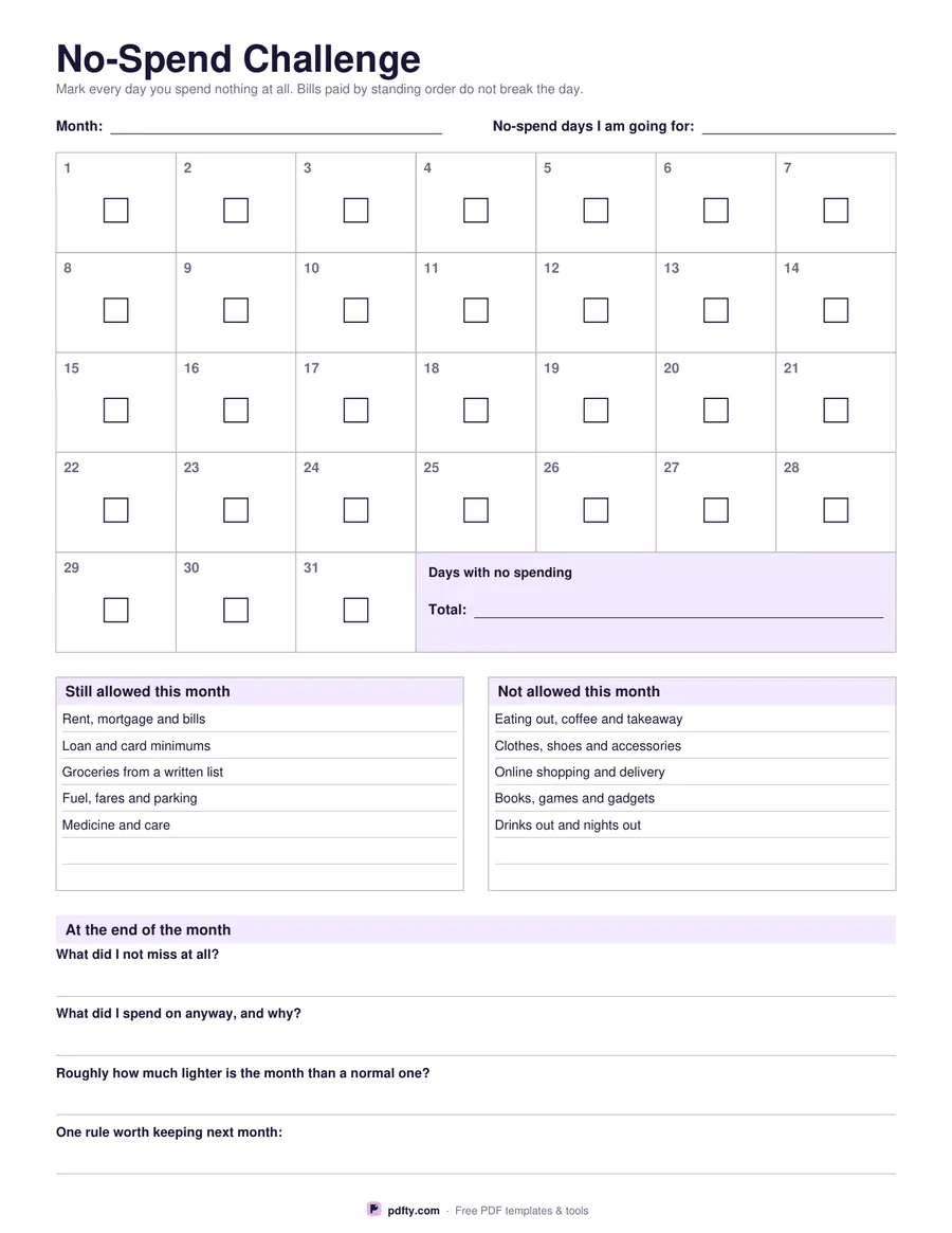 Printable no-spend challenge sheet with a 31-day grid, spending rules and reflection questions