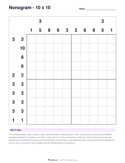 Printable nonogram grid with number clues beside the rows and above the columns