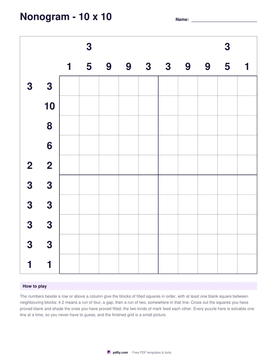 Printable nonogram grid with number clues beside the rows and above the columns